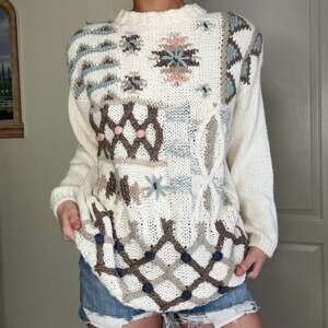 Vintage 80s Shenanigans Cream Chunky Hand Knitted Pastel Pattern Sweater M